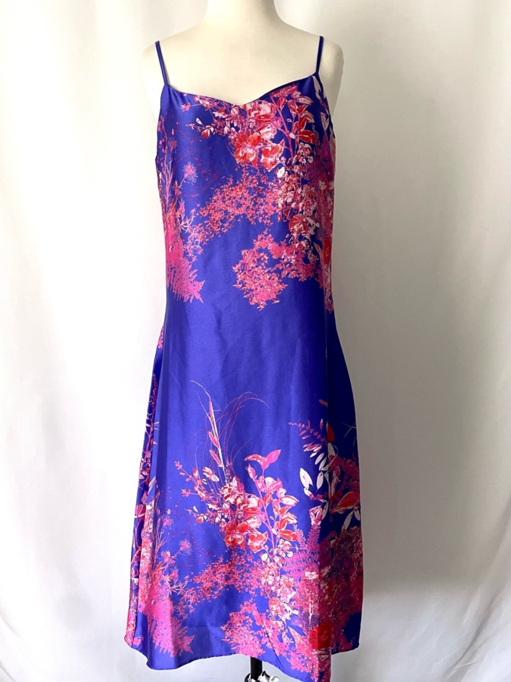 Banana Republic Purple Satin Slip Dress with Orange and Pink foliage Print